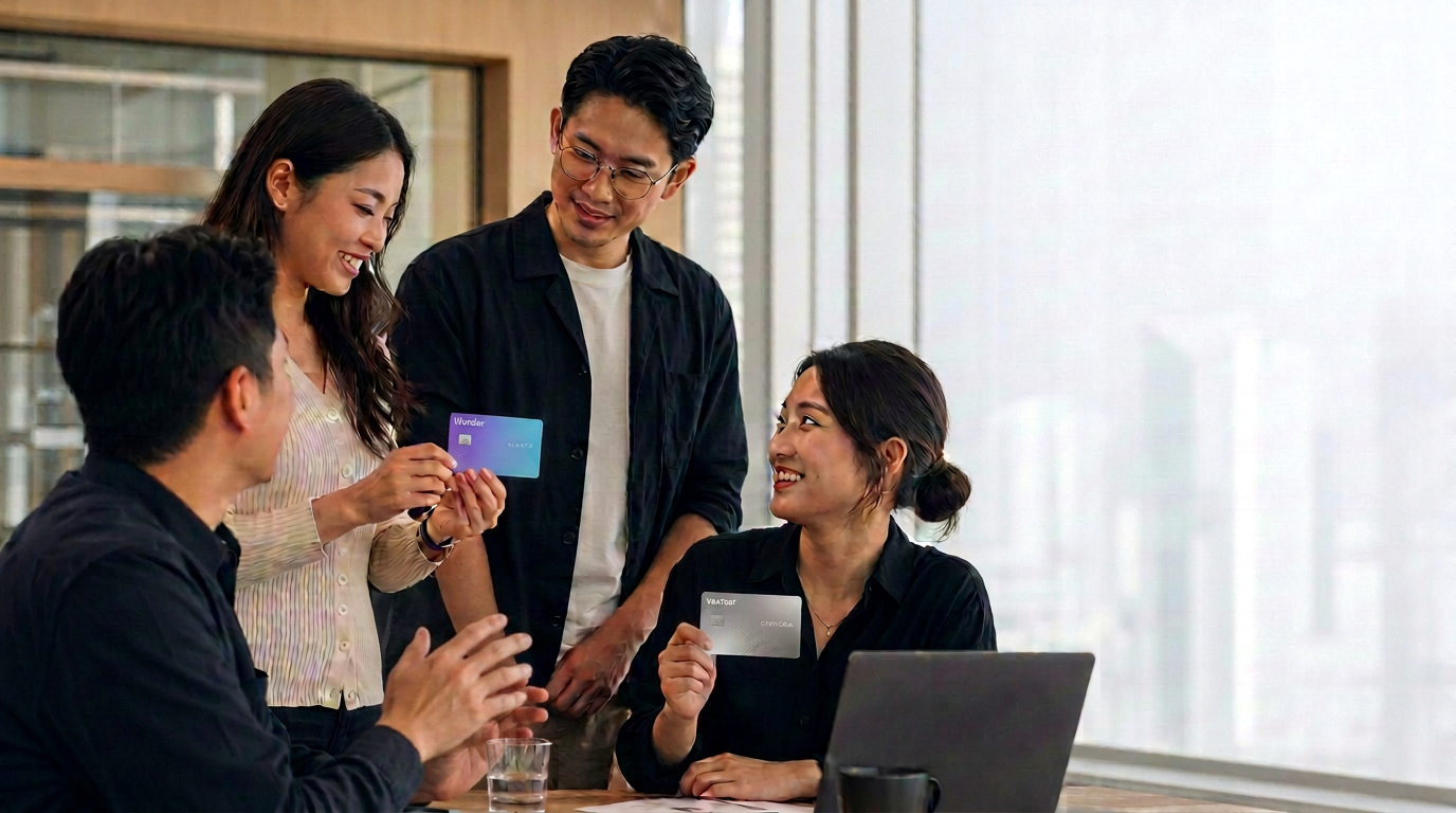 Team members in an office holding Wonder Cards